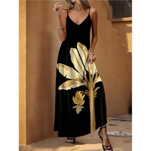 Women's Leaf Print Elastic Knit Long Dress, Comfortable Casual Vacation - Picture 3 of 3